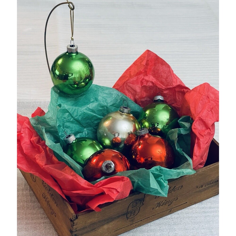 Vtg Lot 6 Mercury Glass Christmas Ornaments Green Red Gold USA Made MCM